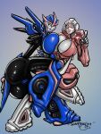  2_girls arcee armor big_breasts blue_eyes breast_press breasts gigantic_ass helmet hugging mechanical mechanophilia robot robot_girl robot_joints time_paradox transformers xxxbattery 