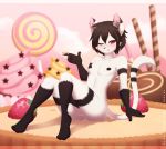 1boy 2016 anthro black_hair candy cat dessert feline food fruit furry girly hair ice_cream lollipop looking_at_viewer male male_only mammal nude one_eye_closed penis pose re-sublimity-kun red_eyes smile solo strawberry testicles wink yaoi