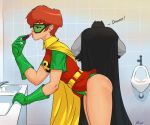  bathroom batman batman_(series) bent_over bruce_wayne cape carrie_kelley dc dc_comics flick_(artist) glasses gloves lipstick robin teen the_dark_knight_returns urinal urinal_use 