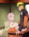 aqua_eyes ass big_ass big_breasts blonde_hair blush breasts ejaculation female hand_on_breast holding_breasts lipstick looking_down male male/female nails naruto naruto_uzumaki ninja nipples no_bra no_panties open_clothes open_mouth paizuri penis pink_hair pink_lipstick sakura_haruno shiny shiny_skin short_hair sitting table whentai