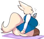 1girl 1girl aggressive_retsuko anthro ass back_boob big_ass big_breasts bottomwear breasts canid canine clothing fennec fenneko fox furry high_res honeyboyy legwear mammal office_lady panties phone sanrio simple_background skirt skirt_pull stockings thick_thighs underwear white_background