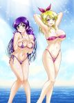  2girls aqua_eyes ayase_eli big_breasts bikini blonde_hair blue_eyes blush breasts cute hair long_hair looking_at_viewer love_live!_school_idol_project nipples ocean purple_hair smile toujou_nozomi water 