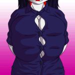 1girl 1girl 2016 anthro areola big_breasts black_hair breasts button_(disambiguation) cleavage close-up clothed clothing dragon fog_dagger_(artist) furry gif hair huge_breasts kyera nipples pink_background pink_nipples red_skin simple_background smile undressing wardrobe_malfunction white_background white_skin