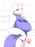 1girl 2016 anthro big_breasts blush boss_monster breasts caprine clothed clothing crossover dialogue diglett duo fdokkaku fur furry goat heart highres huge_breasts looking_at_viewer mammal nintendo nipple_bulge pokemon pussy_juice red_eyes robe simple_background solo_focus speech_bubble sweat toriel undertale underwear video_games voluptuous white_background white_fur wide_hips