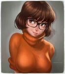 1girl big_breasts breasts brown_eyes brown_hair cartoon_network dandon_fuga freckles glasses looking_at_viewer scooby-doo short_hair smile solo sweater velma_dinkley