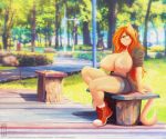 1girl 1girl anthro big_breasts breasts clothing detailed_background domestic_cat eyewear felid feline felis footwear furry glasses green_eyes hair huge_breasts katrina_fowler llmixll mammal nipples orange_hair outside shoes smile tree