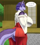  1girl anthro ass big_breasts black_tongue blue_eyes breasts canine dialogue english_text fur furry hair huge_breasts jen_(jindragowolf) jindragowolf looking_at_viewer mammal open_mouth original purple_fur purple_hair smile text tongue wolf 