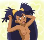 armpits arms_up big_hair blue_hair breasts dark-skinned_female iris iris_(pokemon) nude pink_nipples pokemon small_breasts tomo_tomo