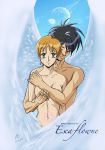 1boy 1girl arm arms art babe bare_arms bare_shoulders black_hair breasts brown_hair closed_eyes couple escaflowne green_eyes high_res hitomi_kanzaki hug_from_behind hugging kanzaki_hitomi looking_at_viewer love neck nikey84 nikey84_(artist) nude pendant short_hair smile tenkuu_no_escaflowne van_fanel wings