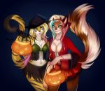  1girl anthro blue_eyes canine duo feline fox furry gradie green_eyes halloween holidays looking_at_viewer mammal siraviena wolf 