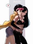 2girls bare_shoulders breasts cleavage dandon_fuga denim denim_shorts female hug_from_behind hugging jubilation_lee jubilee laura_kinney marvel midriff multiple_girls navel short_shorts shorts simple_background smirk speech_bubble spoken_heart sports_bra white_background x-23 x-men yellow_jacket yuri