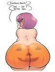 1girl bbw big_ass black_eyes bodypaint funny glasses halloween jack-o'-lantern looking_back nerd nude paint pumpkin_butt purple_hair shiny shiny_skin short_hair smile wide_hips