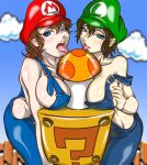 2_girls ? ?_block big_breasts breasts bururururu genderswap huge_breasts luigi mario multiple_girls mushroom naughty_face nintendo open_mouth saliva sexually_suggestive super_mario_bros. super_mushroom tongue