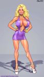 1girl armlet big_breasts blonde_hair blue_eyes bracelet breasts choker cleavage dress eyeliner eyeshadow female female_only full_body hoop_earrings jenny_summers john_persons lipstick makeup milf necklace nipple_bulge nipples skin_tight standing the_pit voluptuous