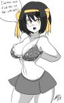 1girl big_breasts bigdead93 black_hair blush bra breasts hair looking_at_viewer miniskirt short_hair suzumiya_haruhi suzumiya_haruhi_no_yuuutsu yellow_eyes