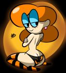 1girl ass ass_crack atomickingboo breasts cover_up earrings female_only halloween jack-o'-lantern jack_o_lantern_print long_hair looking_back orange_hair panties printed_panties shiny shiny_skin smile stockings striped terra_mandrile topless