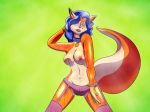 1girl 2016 anthro areola armpits big_breasts blue_hair breasts cameltoe canine carmelita_fox choker closed_eyes clothed clothing fox fur furry gloves green_background hair hands_behind_head mammal midriff multicolored_fur navel nipples orange_fur panties partially_clothed raining seductive simple_background sly_cooper_(series) tan_fur tgtf234 two_tone_fur underwear video_games wet