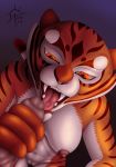 1boy 1girl absurdres anthro breasts cat feline furry handjob highres kung_fu_panda male/female mammal markings master_tigress nipples nude open_mouth orange_eyes penis pussy sacrificabominat sacrificabominat_(artist) stripes teeth tiger tongue