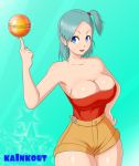  1girl aqua_background aqua_hair arm arms art babe ball bare_arms bare_legs bare_shoulders big_breasts blue_eyes breasts bulma bulma* bulma_brief cleavage deviantart dragon_ball dragon_ball_(object) hair_bobbles hand_on_hip kainkout legs looking_at_viewer neck open_mouth short_hair shorts side_ponytail smile standing star strapless tubetop 