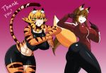 1girl anthro armpits big_breasts breasts brown_eyes canine clothed clothing feline fox furry green_eyes inner_ear_fluff jojo's_bizarre_adventure mammal markings muscular muscular_female pose saffron_(safurantora) safurantora skimpy smile tiger wide_hips