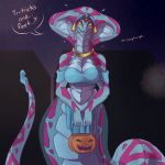 1girl 2016 anthro big_breasts blush breasts choker cleavage clothed clothing cute dialogue english_text food fruit furry green_eyes halloween headband holidays jack-o'-lantern naga night plagueofgripes pumpkin sky slit_pupils smile star sweat text video_games viper_(x-com) x-com