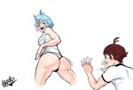 1boy 1girl ass big_ass blue_hair brown_hair buttholemagick huge_ass looking_back male/female robin_(buttholemagick) round_ass short_hair standing tank_top tease teasing thick_thighs thong trixie_(buttholemagick)