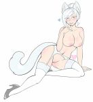  1girl animal_ears areola big_breasts blush breasts cat_girl eyebrows_visible_through_hair female_only heart high_heels koyakyuun naked_footwear naked_heels naked_stockings navel nekomimi nipples nude paipan pinup pussy rwby shoes smile stockings stockings tail tied_hair white_eyelashes white_hair winter_schnee 