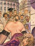  1girl ass audience bottomless crowd exhibitionism exhibitionist flashing kneel lace-top_stockings milo_manara milo_manara_(artist) public pussy random_comic stockings top-down_bottom-up 