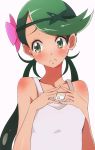 1girl blush cry crying dark_skin enelis flower green_eyes green_hair hair_flower hair_ornament long_hair looking_away mallow mallow_(pokemon) mao_(pokemon) pokemon pokemon_sm shirt solo tearing_up trial_captain twin_tails upper_body white_background white_shirt