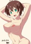 1girl 2016 arm_behind_head armpits arms_behind_head arms_up big_breasts breasts brown_hair dated green_eyes hand_behind_head hands_behind_head new_game! nipples nishiumi_yuuta nude shinoda_hajime short_hair signature simple_background smile