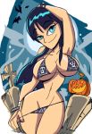 1girl aqua_eyes bat black_hair breasts cleavage cosplay halloween jack-o'-lantern long_hair manic47 nico_robin one_piece pumpkin shiny shiny_skin smile