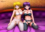 2_girls absurd_res aino_minako alluring arm_around_waist bed big_breasts bishoujo_senshi_sailor_moon black_bra black_legwear black_panties blonde_hair blue_eyes blush bra breasts cleavage collarbone garter_belt garter_straps high_res hino_rei long_hair looking_at_viewer multiple_girls panties purple_eyes purple_hair sailor_mars sailor_venus sitting smile stockings underwear wall white_bra white_legwear white_panties zel-sama