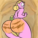 1girl amphibian anthro big_ass blonde_hair bodypaint breasts bubble_butt glasses halloween jack-o'-lantern looking_back looking_down nude paint pointy_ears pumpkin pumpkin_butt salamander sally_(scalie_schoolie) scalie_schoolie shiny shiny_skin short_hair