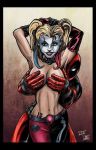  arms_up batman_(series) breasts cleavage crossover dc dc_comics deadpool hand_bra hands_on_breasts harley_quinn marvel marvel_comics matt_james standing superhero tattoo topless twintails wade_wilson 