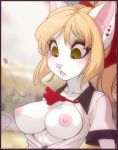 1girl 2016 alisa_(iskra) anthro blonde_hair breasts button cat clothing feline female_only fur furry green_eyes hair iskra mammal nipples shirt upper_body wardrobe_malfunction white_fur