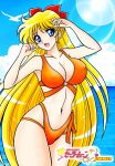 1girl aino_minako alluring big_breasts bikini bird bishoujo_senshi_sailor_moon blonde_hair blue_eyes blue_sky bow cleavage cloud earrings high_res highleg highleg_bikini jewelry long_hair minako_aino ocean red_bow sailor_venus seagull sky sunlight swimsuit tatsumi_kyouhei very_long_hair