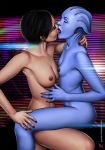  2_girls alien areola asari blue_skin breasts colored_skin commander_shepard commander_shepard_(female) female female_only femshep french_kiss kissing liara_t&#039;soni mass_effect multiple_girls nipples nude pupete tongue yuri 