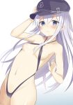  1girl alternative_costume areola areola_slip armpits bikini blue_eyes breasts clavicle cowboy_shot dutch_angle embarrassed flat_cap groin hair_between_eyes halterneck hat hibiki_(kantai_collection) high_resolution kantai_collection long_hair looking_at_viewer micro_bikini nipple_slip nipples revealing_clothes silver_hair simple_background sling_bikini small_breasts swimsuit wonder_yamada 