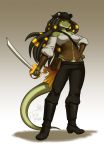  1_girl anthro clothing crocodile crocodilian cutlass furry hat ikshun kittydee kittydee_(artist) looking_at_viewer melee_weapon pirate_outfit reptile scalie simple_background smile standing sword underwear weapon 