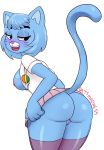 1girl 1girl anthro arttmadness ass bedroom_eyes blue_fur blue_hair blush breasts cartoon_network cat clothed clothing clothing_lift exposed_breasts feline fur furry hair half-closed_eyes legwear looking_back mammal mature_female milf nicole_watterson nipples open_mouth parent pink_nose presenting pussy raised_tail seductive shiny short_hair skirt skirt_lift stockings teasing teeth the_amazing_world_of_gumball tongue whiskers