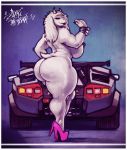  1girl 1girl 2016 anthro ass big_ass big_breasts breasts caprine car clothing footwear furry goat high_heels lamborghini lipstick makeup mammal mostly_nude nipples shoes sligarthetiger thick_thighs toriel undertale vehicle video_games 