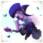 1girl alien amethyst amethyst_(steven_universe) bat boots broom broomstick cartoon_network cosplay flying garter_belt halloween hat long_hair purple_eyes purple_hair purple_skin steven_universe witch witch_hat