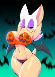 1girl 2016 anthro bat big_ears blue_eyes breasts cleavage clothed clothing erect_nipples eyelashes eyeshadow female female_only furry halloween hands_behind_head holidays huge_breasts large_breasts makeup mammal midriff navel nipple_bulge nipples nitro panties rouge_the_bat seductive sega smile sonic_(series) underwear wide_hips wings