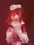 1girl 2016 5_fingers anthro black_nose clothed clothing cosplay crossdressing echidna erection fur furry gloves hair halloween holidays humanoid_penis hyper knuckles_the_echidna krazyelf leaking legwear long_hair male mammal monotreme nurse penis precum purple_eyes red_fur red_hair sega shy simple_background standing teeth testicles vein wet