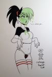 1girl 2016 black_hair callmepo earrings extreme_ghostbusters ghostbusters goo halloween kylie_griffin panties pinupsushi ponytail printed_panties skull slime stockings