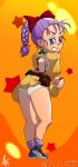  1girl 1girl 1girl ass blue_eyes braid bulma_brief dragon_ball dragon_ball_(classic) dragon_ball_(series) dragon_ball_z flashing high_res klaytitan naughty_face panties pantyshot pantyshot_(standing) purple_hair ribbon standing underwear younger_female 