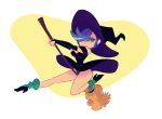  1girl black_panties blue_eyes blue_hair brokenlynx broomstick cosplay dress_lift ed,_edd,_&#039;n&#039;_eddy fingerless_gloves flying freckles gloves halloween kanker_sisters marie_kanker short_hair smile witch witch_hat 