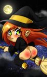 1girl ass blush bottomless broom broomstick flying funny green_eyes halloween hat red_ass witch witch_hat