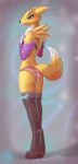  1_girl 2016 absurd_res anthro ass black_sclera blue_eyes bra bridal_gauntlets canine clothed clothing digimon digitigrade english_text fox fur furry high_res legwear looking_at_viewer mammal renamon rysonanthrodog_(artist) signature slim solo text tuft underwear white_fur yellow_fur 