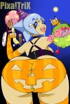  1girl ass blue_eyes blue_hair bucket candy candy_bar cosplay fingerless_gloves gloves halloween hat jack-o&#039;-lantern lollipop looking_back pixaltrix shiny shiny_skin short_hair skull smile witch_hat yellow_eyes 